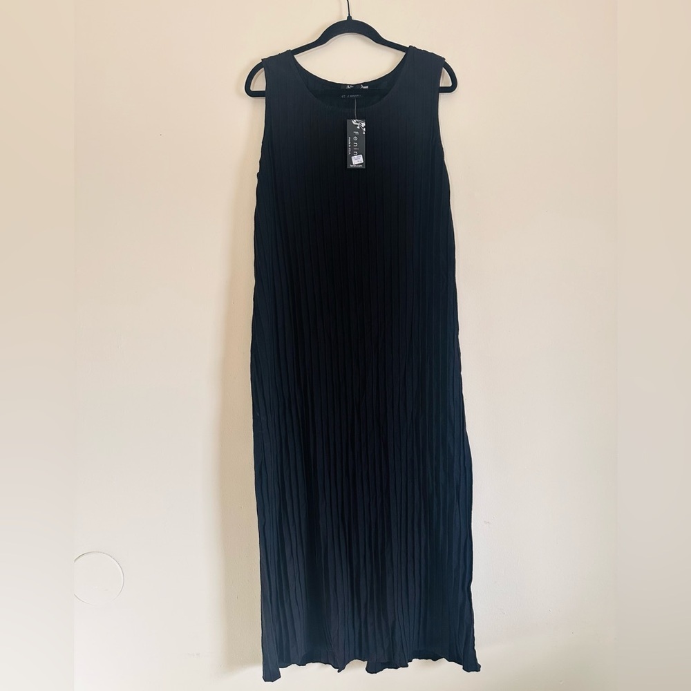 Fenini Ribbed Back Slit 100% Cotton Midi Tank Dress Black NWT Size L - Picture 2 of 8